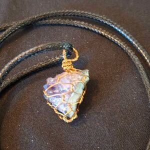 Gold-toned Wire Wrapped Amethyst Crystal Necklace on a Black Cord